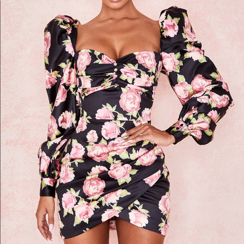 AMARYLLIS ROSE PRINT PUFF SHOULDER DRESS from House of CB